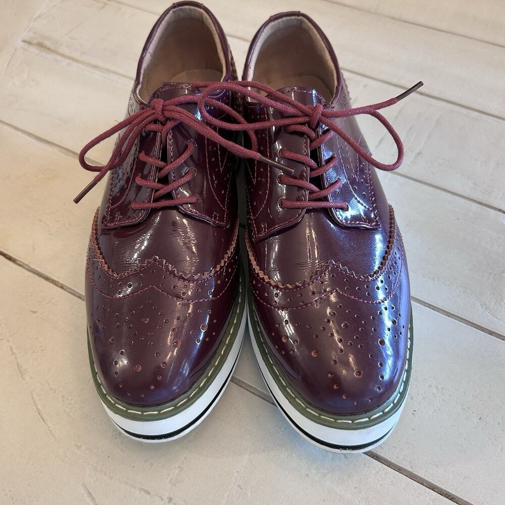 Dadawen Womens Platform Oxfords Burgundy Patent Wingtip Brogue Shoes 42 366-1.5